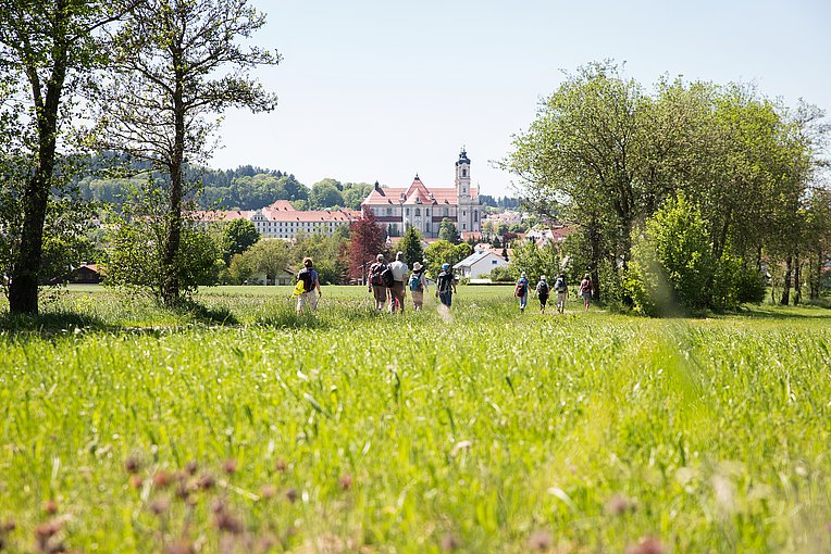 Wandergruppe auf dem Crescentia-Pilgerweg, im Hintergrund Ottobeuren