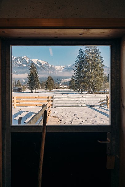 Blick aus dem Fenster auf den Laufhof und die verschneiten Oberstdorfer Berge