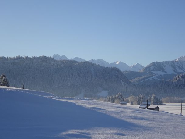 Blick auf die verschneiten Allgäuer Berge