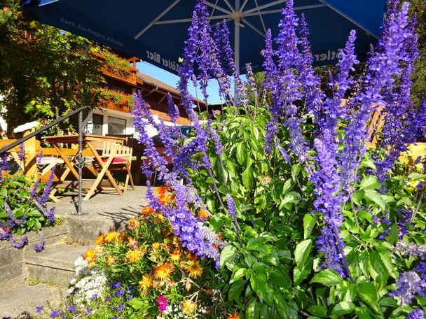 Terrasse des Dorfladens in Bolsterlang