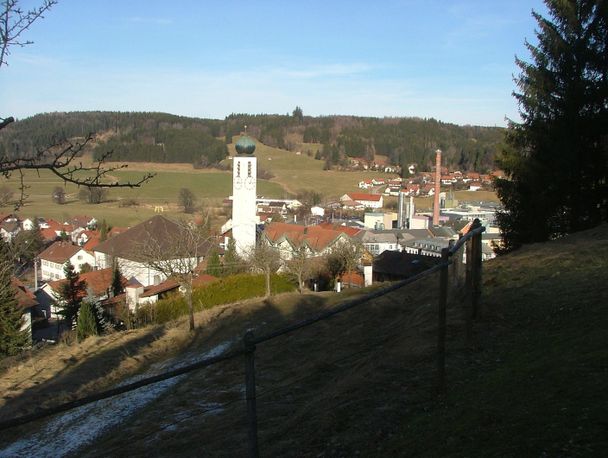 Blick auf Ronsberg mit Pfarrkirche und Papierfabrik.