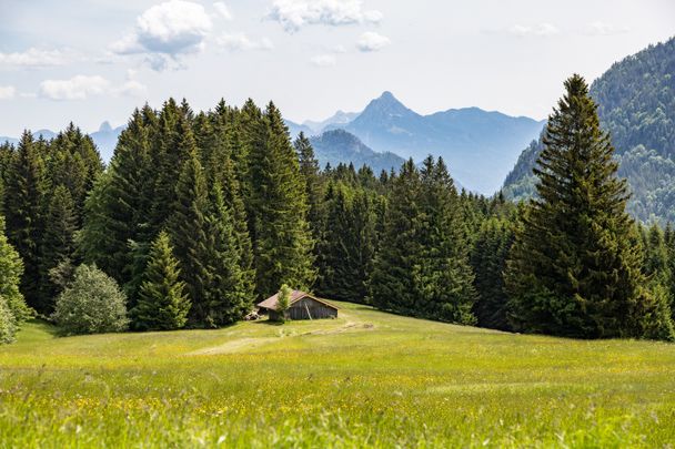 Blick auf die Berge von der Terrasse der Gundhütte