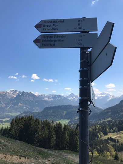 Wegweiser Richtung Hörnerbahn Mittelstation, Ornach Alpe, Hörnerhaus