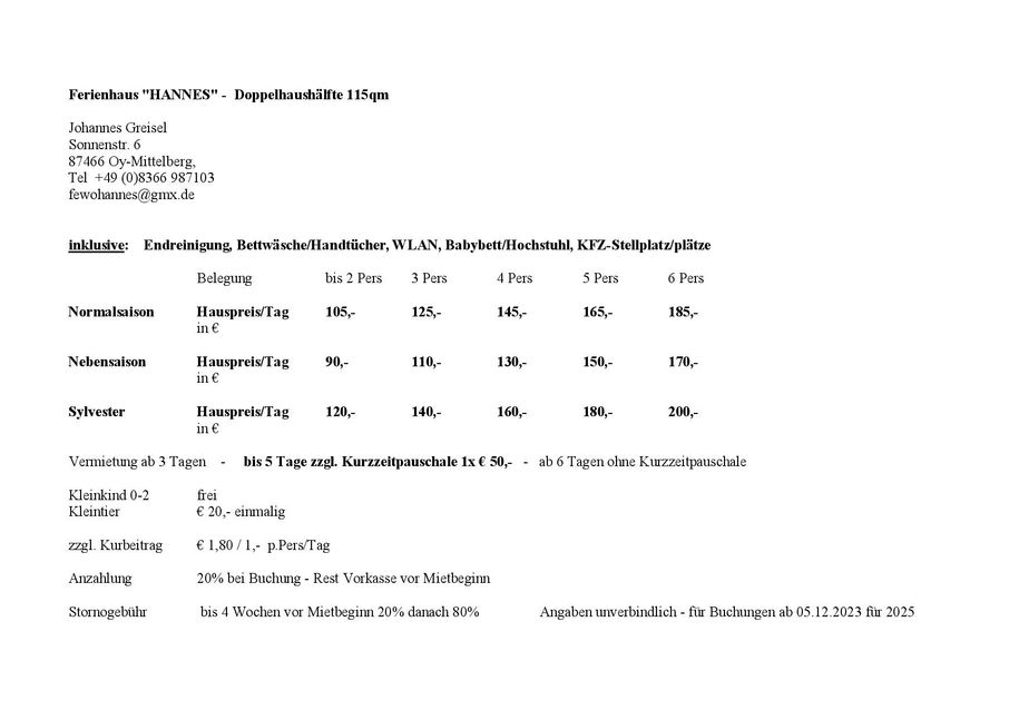 Preisübersicht - unverbindlich