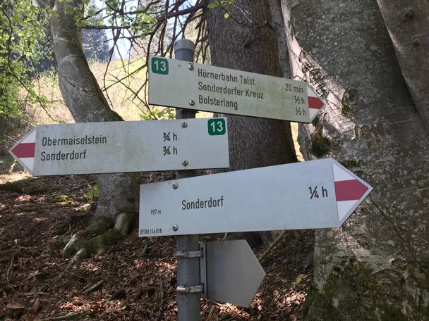 Wegweiser Richtung Hörnerbahn Talstation, Sonderdorfer Kreuz, Bolsterlang