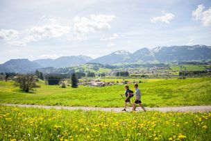 Im Frühling, wenn auf den Gipfeln noch Schnee liegt, sind die Wanderwege in Fischen im Allgäu schon perfekt zu begehen