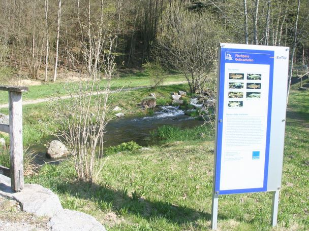 Fischtreppe bei Stausee Gottrazhofen mit Hinweistafel