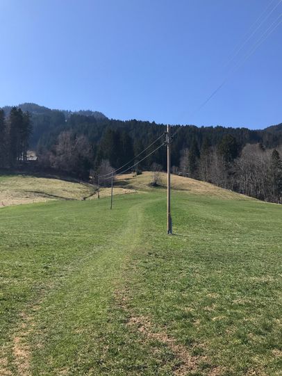 Ein Wiesenweg führt die ersten Höhenmeter bergauf