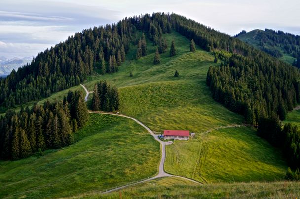 Blick auf Fahnengehern Alpe und Hörnerpanoramaweg Richtung Bolsterlang