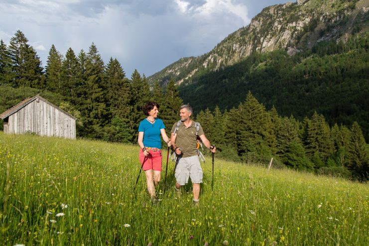 Wandern inmitten von Bergwiesen in Pfronten